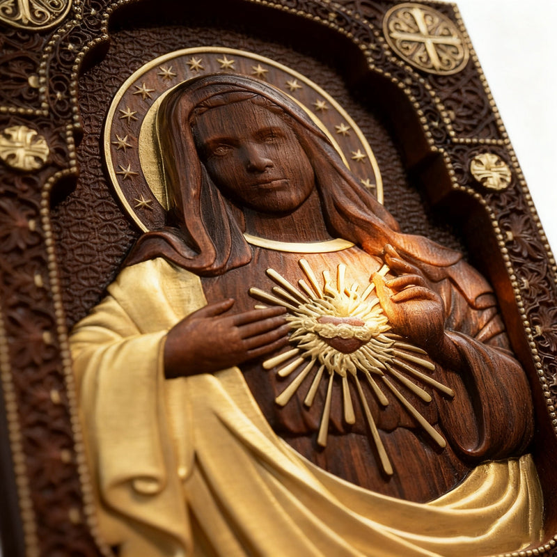 Close-up of hand-carved folds and heart