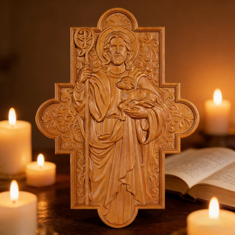 Front view of Good Shepherd beechwood relief