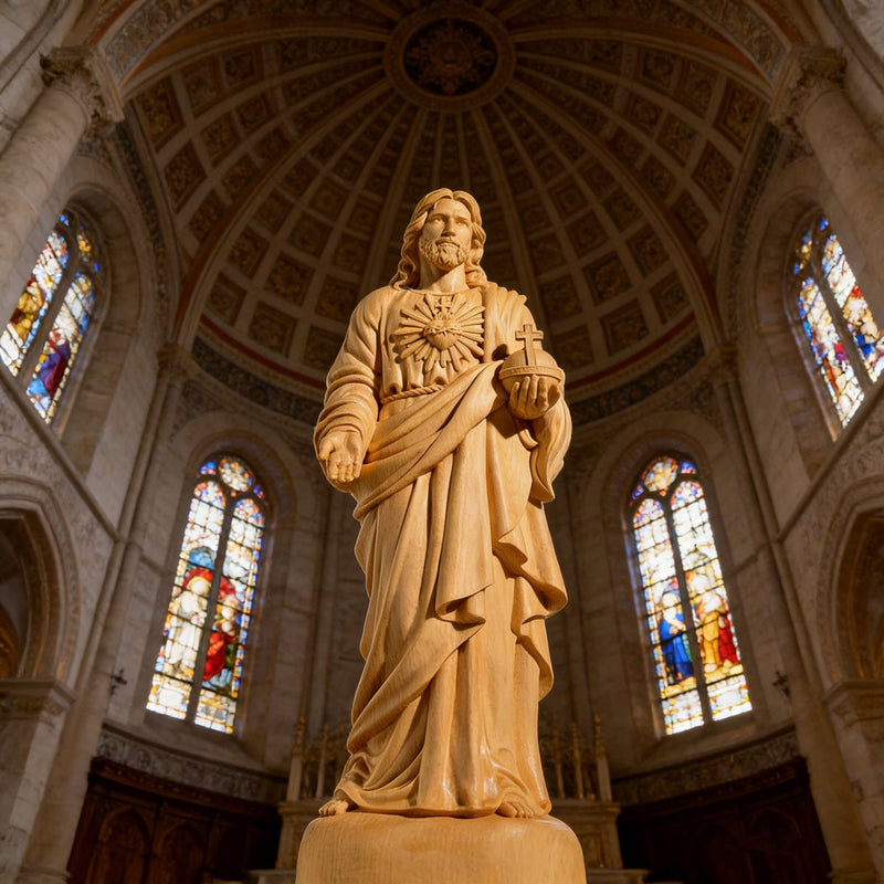 Sacred Heart of Jesus wooden statue displayed in a warm Christian home