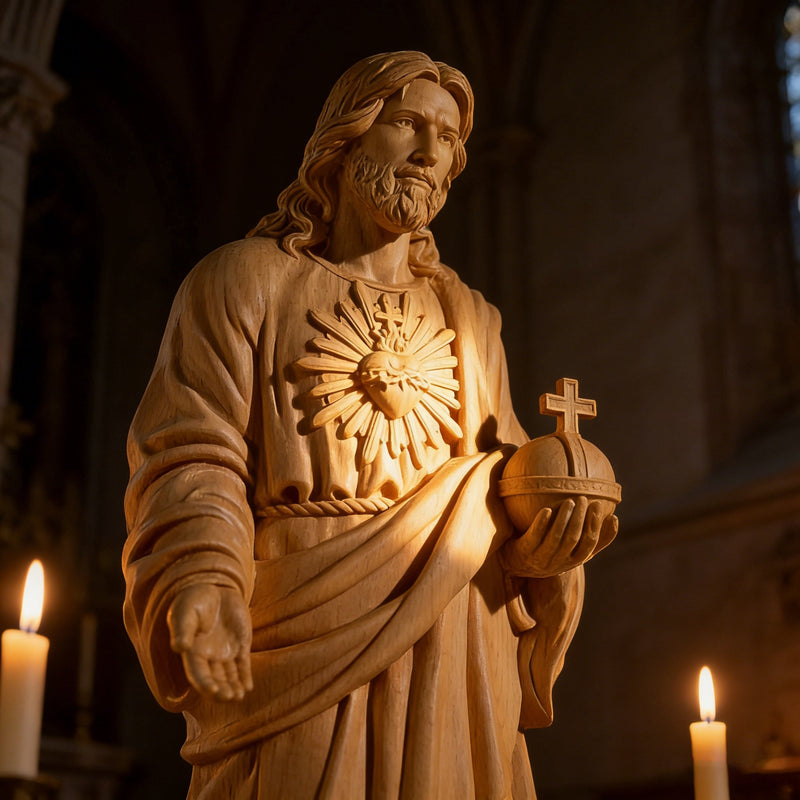 Close-up of the Sacred Heart, robe folds and natural wood grain