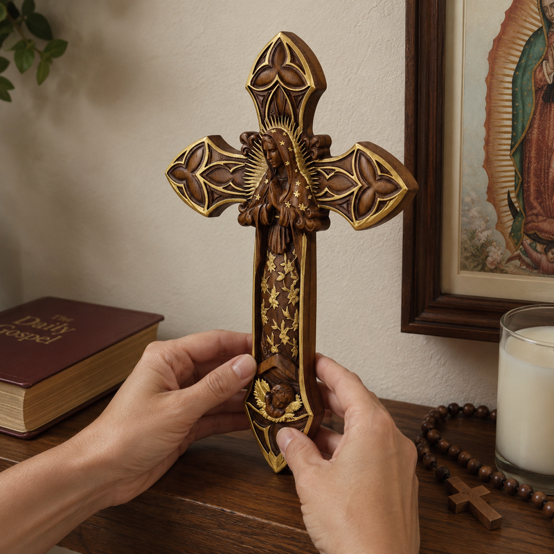 Our Lady of Guadalupe wooden cross as a meaningful Catholic religious gift
