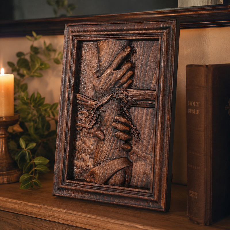 Hand of God Christian wall carving displayed in a peaceful home