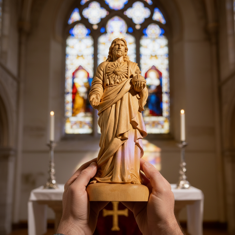 Sacred Heart of Jesus yellow poplar wood statue in a Christian prayer space