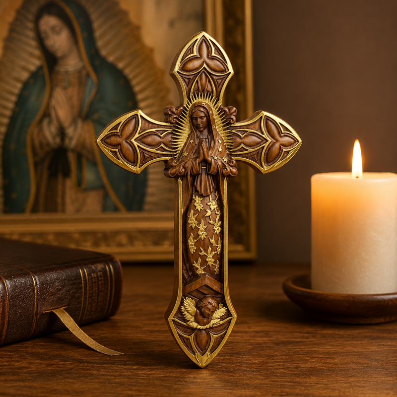 Hand-carved solid beechwood Our Lady of Guadalupe Catholic wall cross