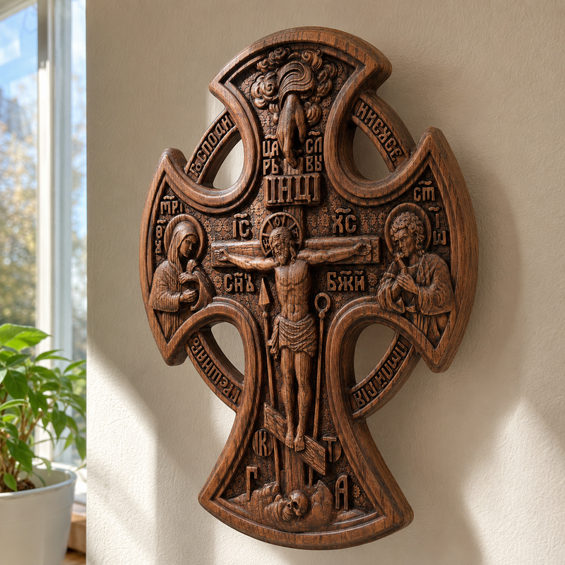Beechwood crucifix carving details