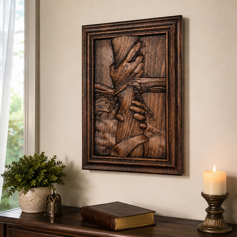 Hand of God beech wood carving in a Christian home prayer corner