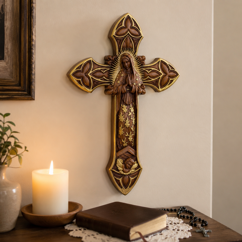 Guadalupe wooden wall cross displayed with Bible candle and rosary