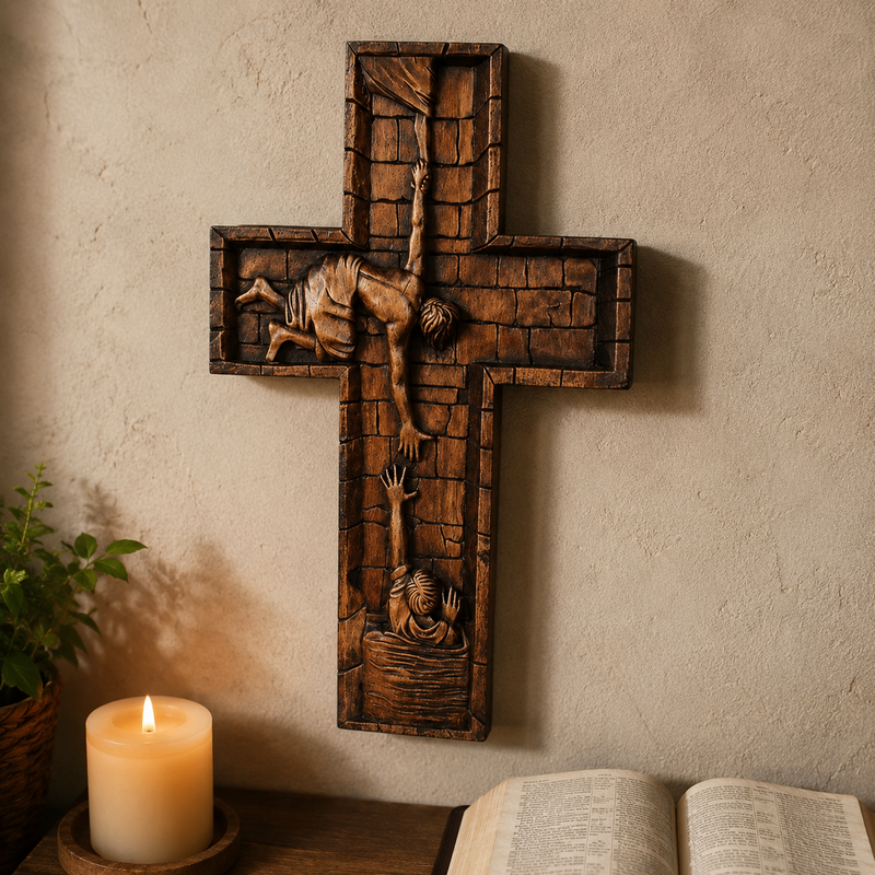 Solid beechwood Catholic cross showing natural wood grain and hand-carved detail