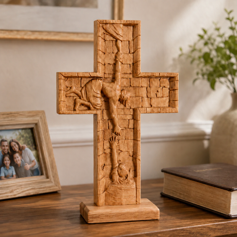 Vintage hand-carved Catholic Savior cross displayed beside a Bible