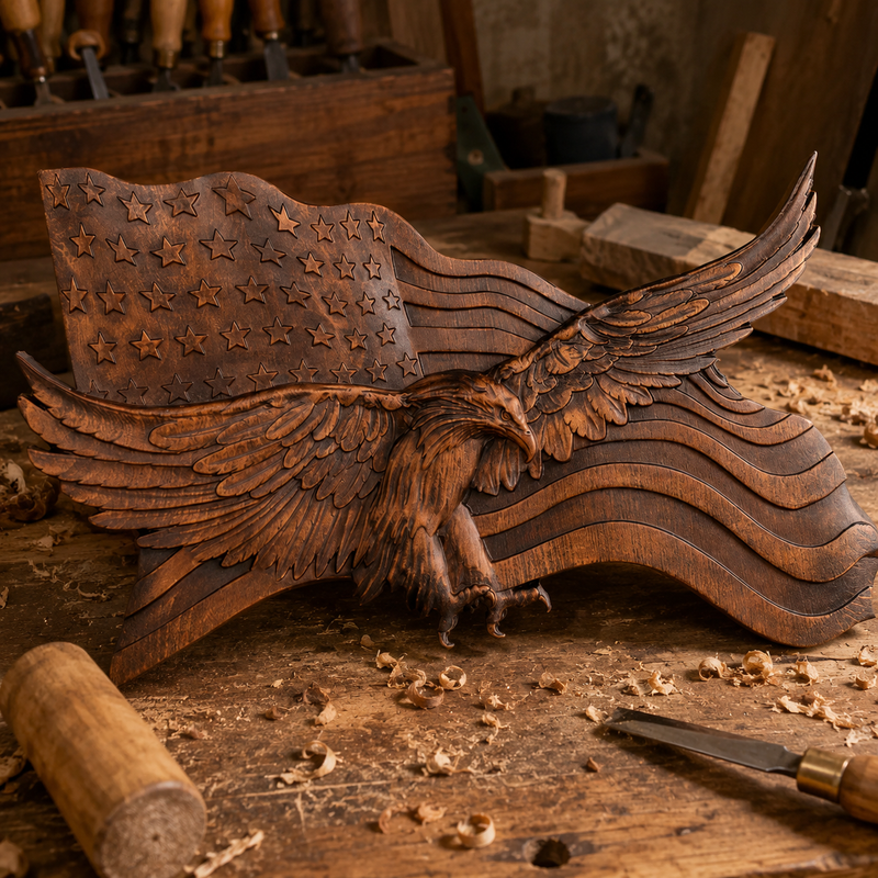 Hand-carved wooden eagle American flag wall plaque